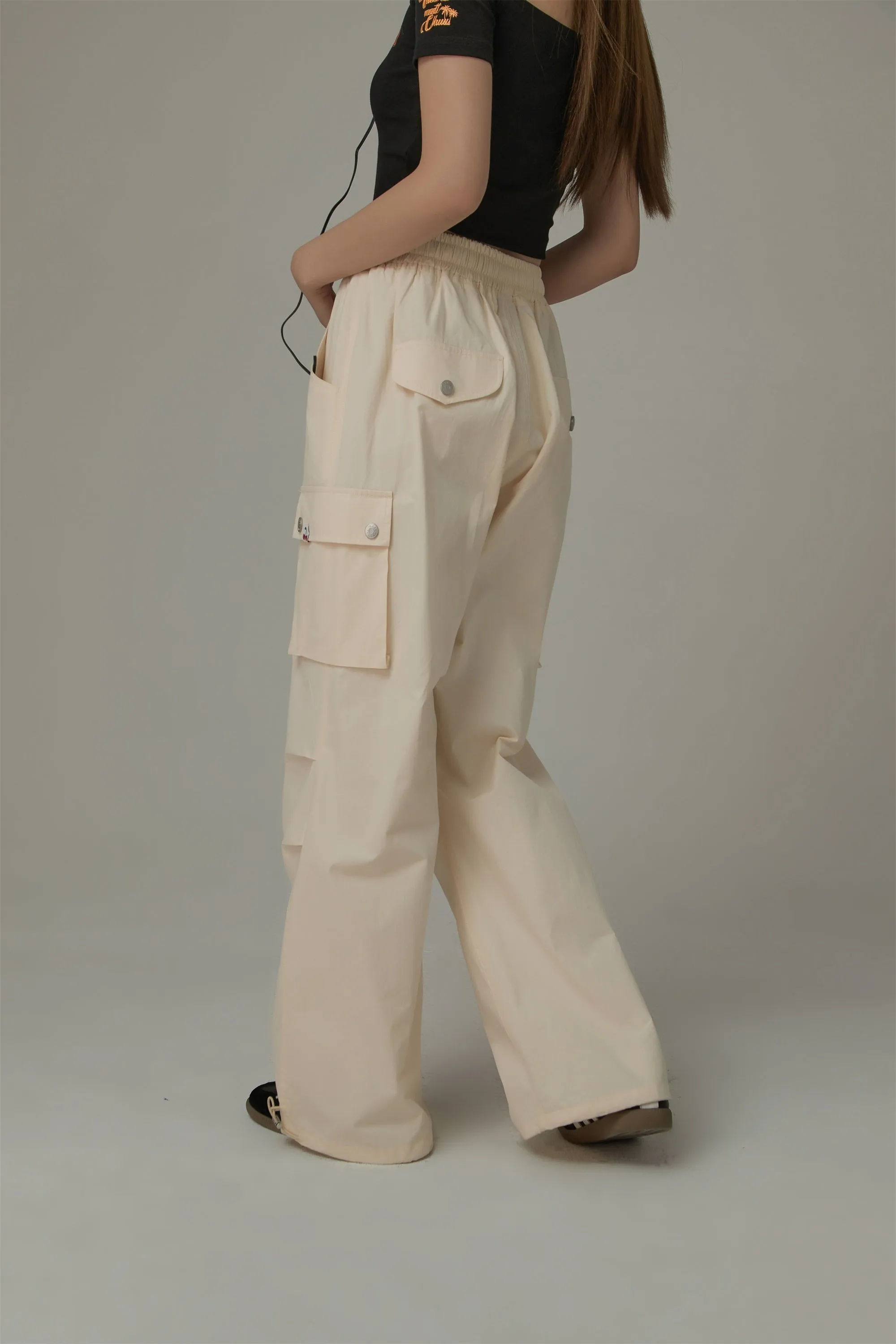 Basic Color String Cargo Wide Pants