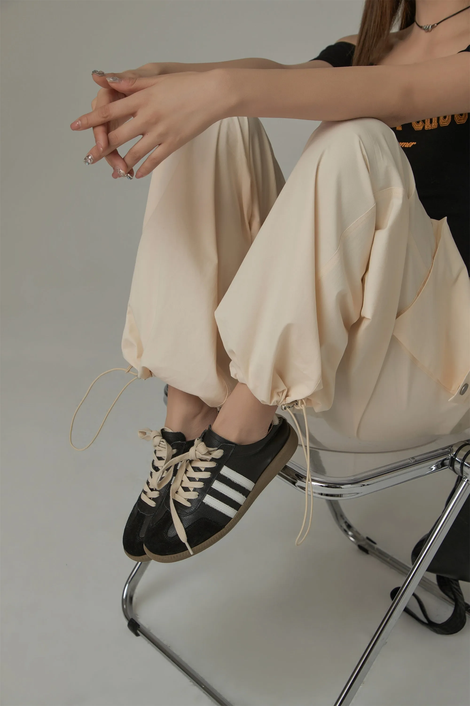 Basic Color String Cargo Wide Pants