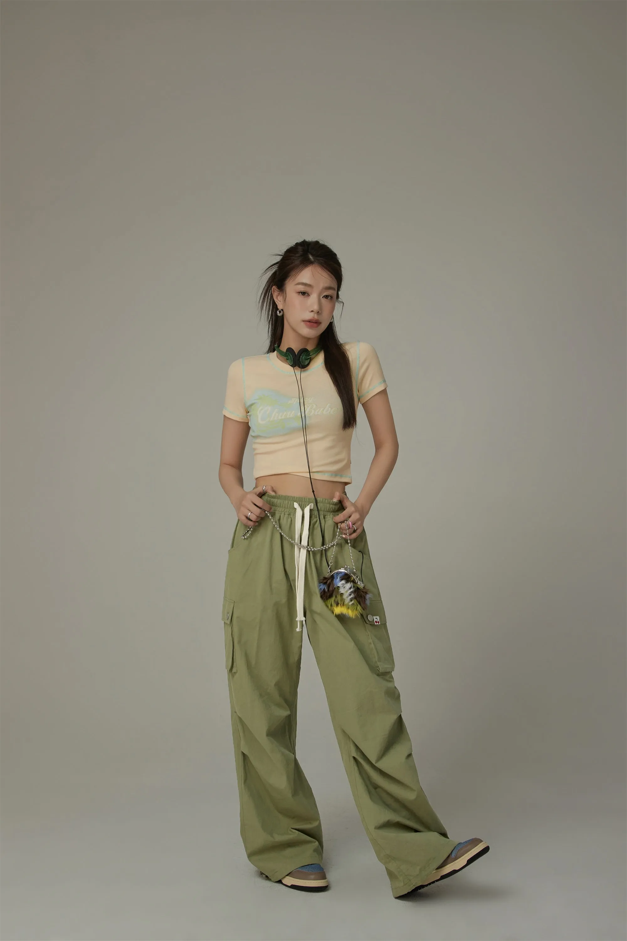 Basic Color String Cargo Wide Pants