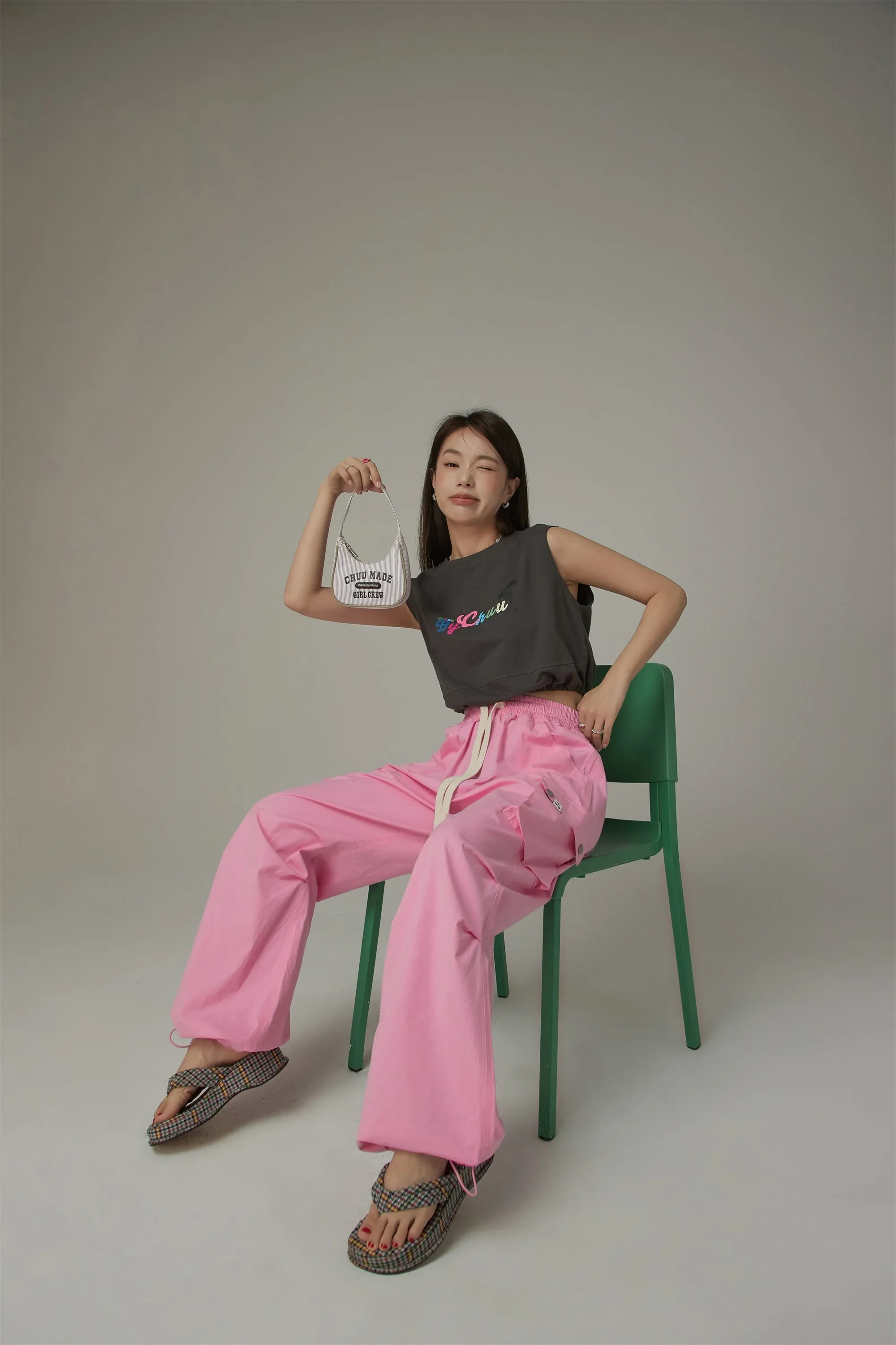 Basic Color String Cargo Wide Pants