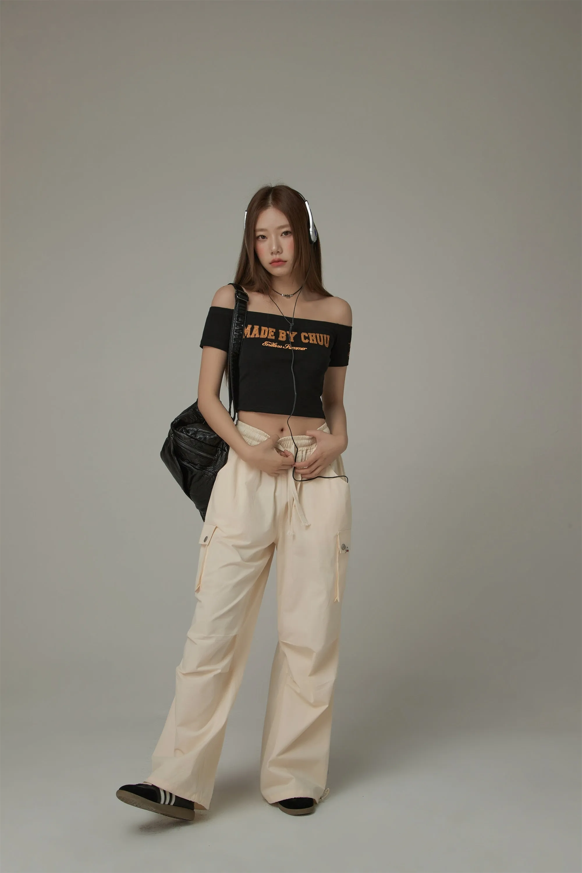 Basic Color String Cargo Wide Pants