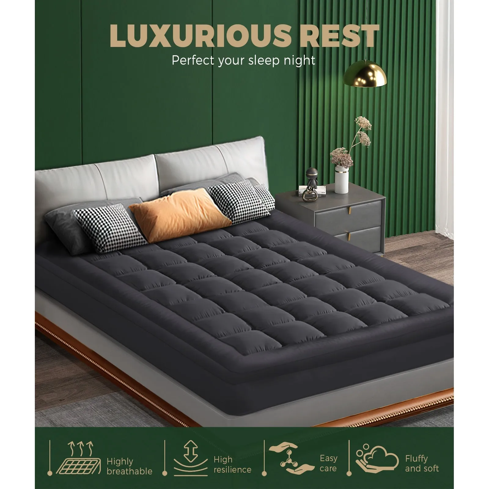 Bedra Bedding Bamboo Charcoal Pillowtop Mattress Topper Protector Cover King