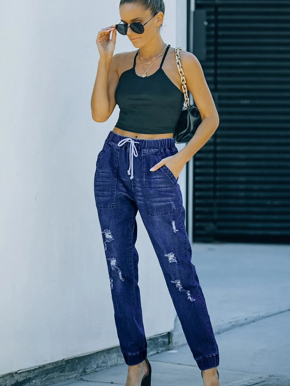 Blue Faded Relaxed Fit Joggers with Drawstring Waist