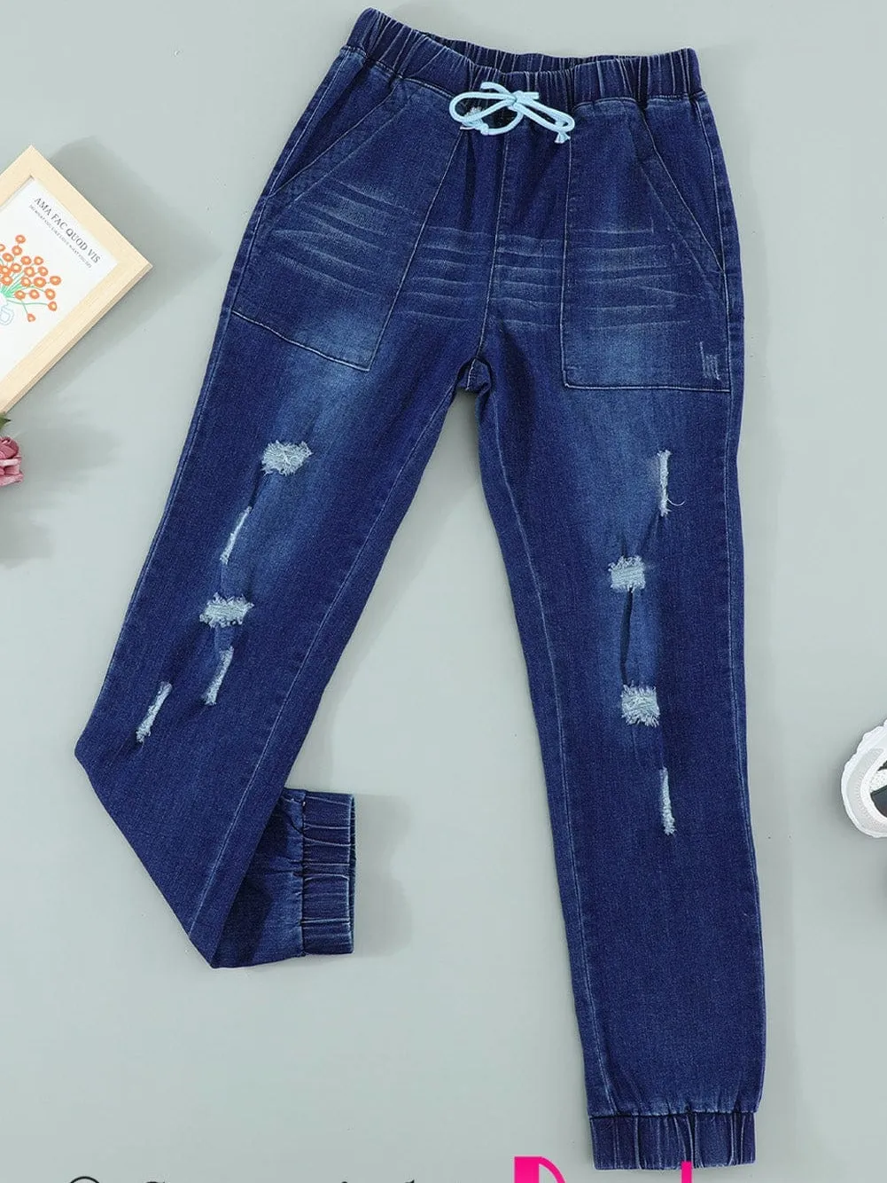 Blue Faded Relaxed Fit Joggers with Drawstring Waist