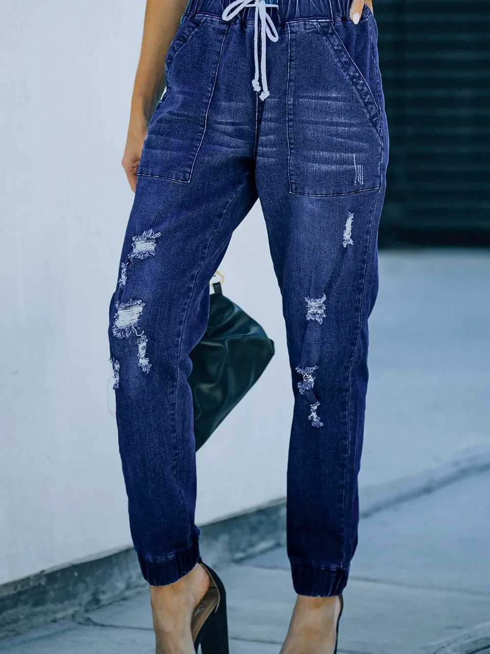 Blue Faded Relaxed Fit Joggers with Drawstring Waist