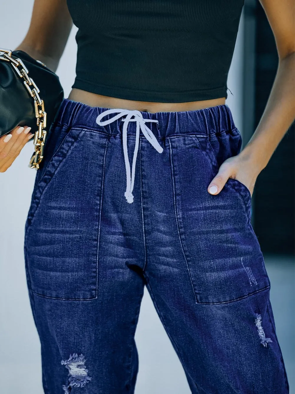 Blue Faded Relaxed Fit Joggers with Drawstring Waist