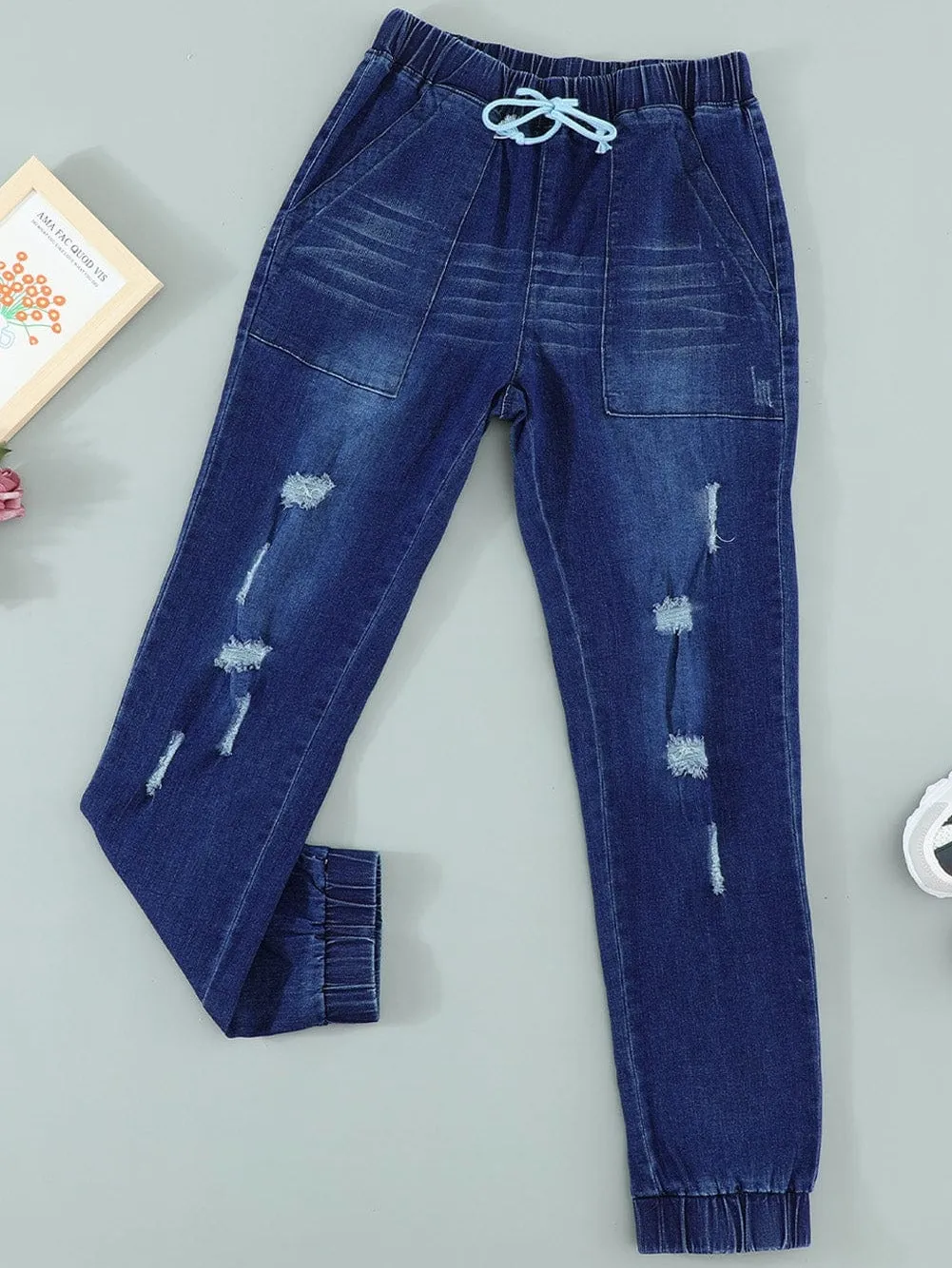 Blue Faded Relaxed Fit Joggers with Drawstring Waist