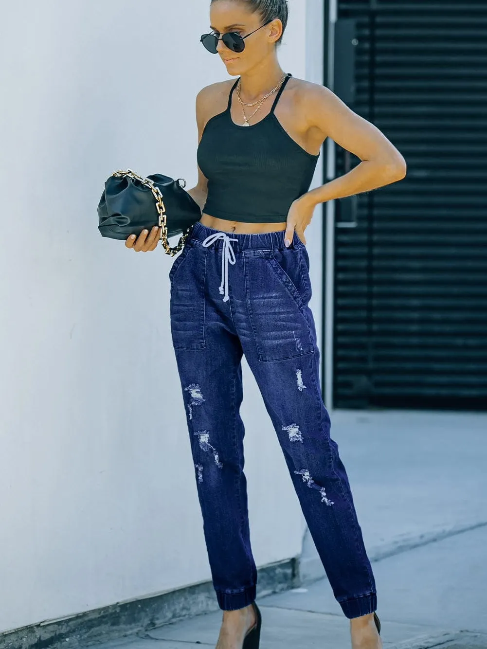 Blue Faded Relaxed Fit Joggers with Drawstring Waist
