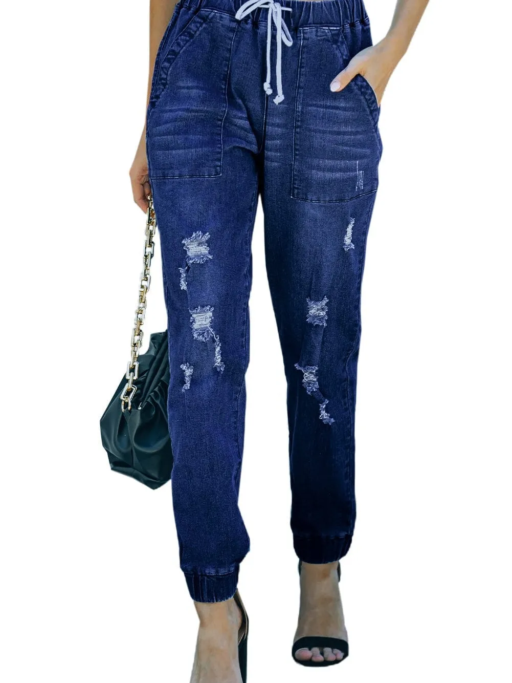 Blue Faded Relaxed Fit Joggers with Drawstring Waist