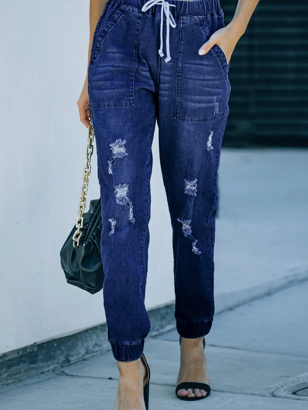 Blue Faded Relaxed Fit Joggers with Drawstring Waist