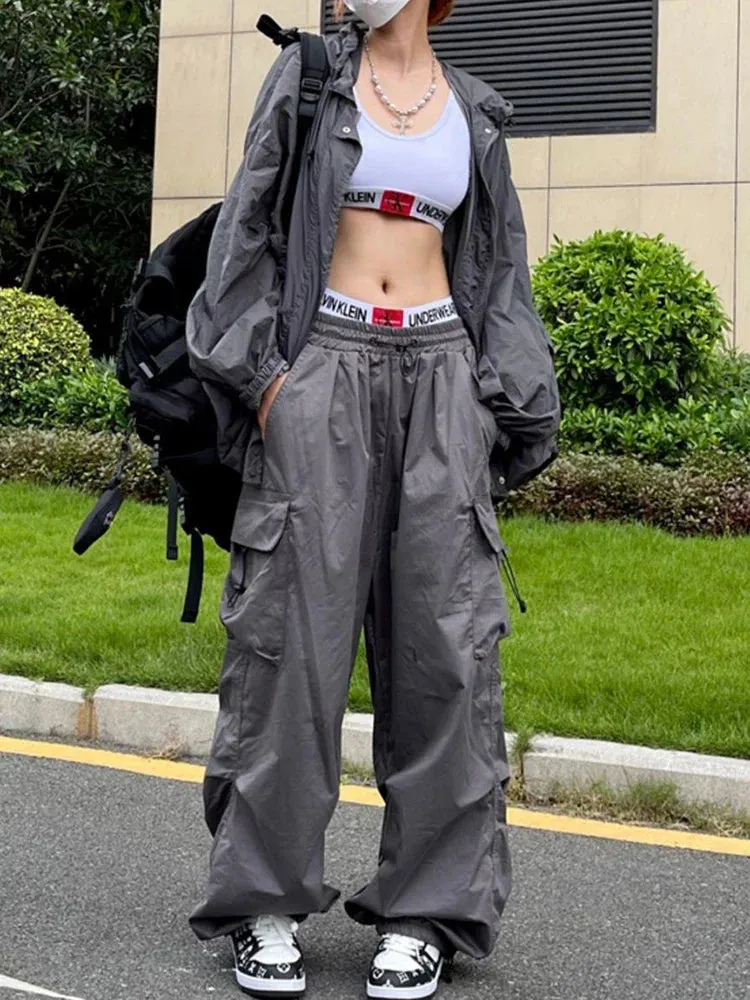 Bonnyshow Y2K Parachute Black Pants Women Hippie Streetwear Oversize Pockets Cargo Trousers Harajuku Wide Leg Baggy Sweatpants