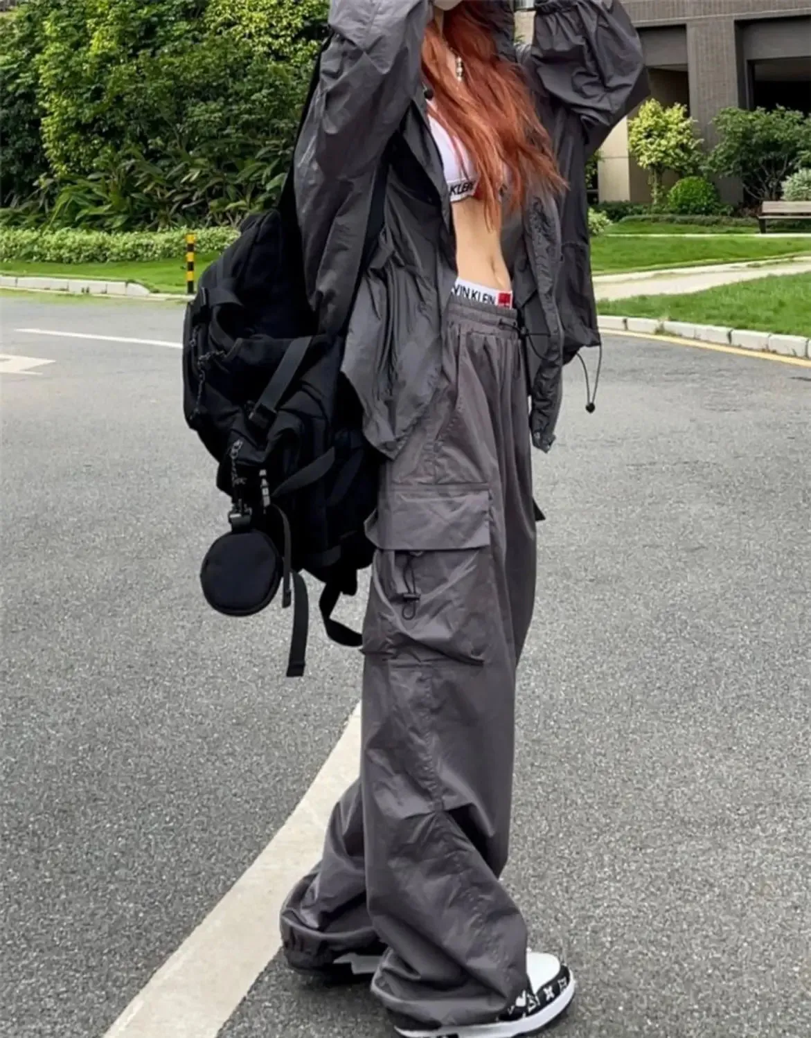 Bonnyshow Y2K Parachute Black Pants Women Hippie Streetwear Oversize Pockets Cargo Trousers Harajuku Wide Leg Baggy Sweatpants