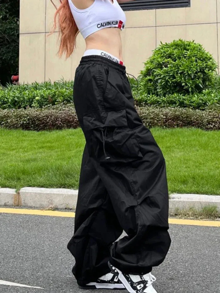 Bonnyshow Y2K Parachute Black Pants Women Hippie Streetwear Oversize Pockets Cargo Trousers Harajuku Wide Leg Baggy Sweatpants