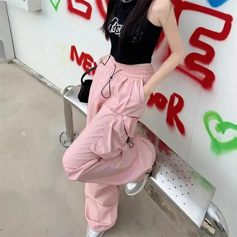 Bonnyshow Y2K Parachute Black Pants Women Hippie Streetwear Oversize Pockets Cargo Trousers Harajuku Wide Leg Baggy Sweatpants