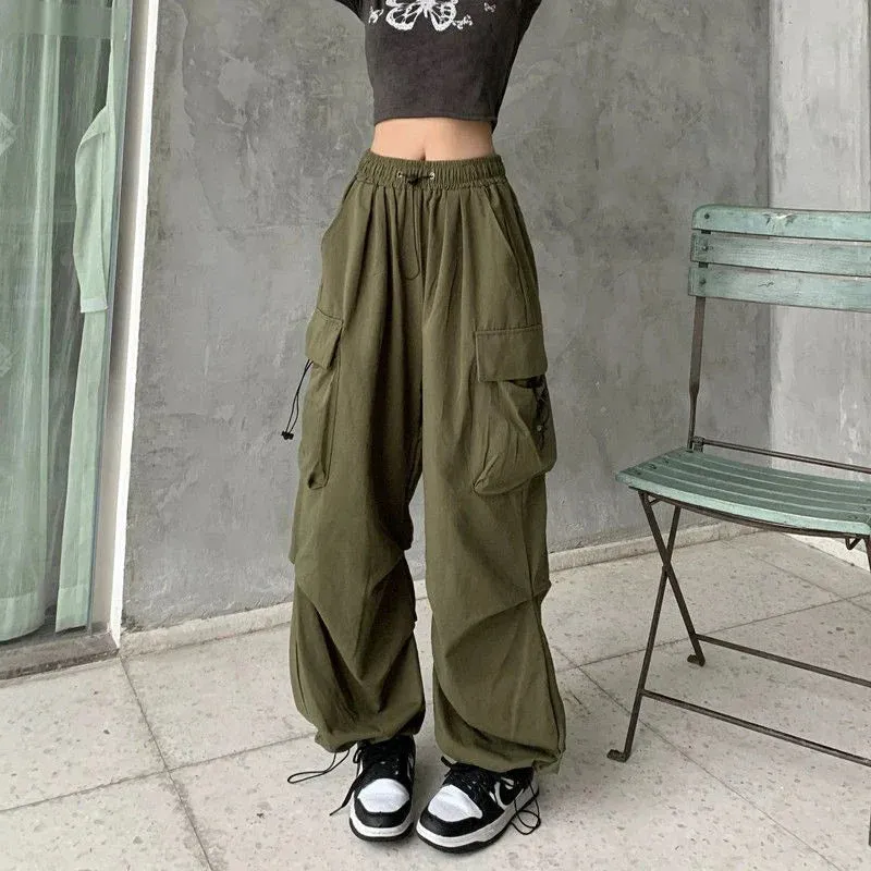 Bonnyshow Y2K Parachute Black Pants Women Hippie Streetwear Oversize Pockets Cargo Trousers Harajuku Wide Leg Baggy Sweatpants