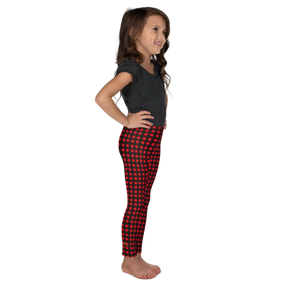 Buffalo Red Girl's Tights, Plaid Print Premium Kid's Leggings Comfy Workout Pants- Made in USA/ EU