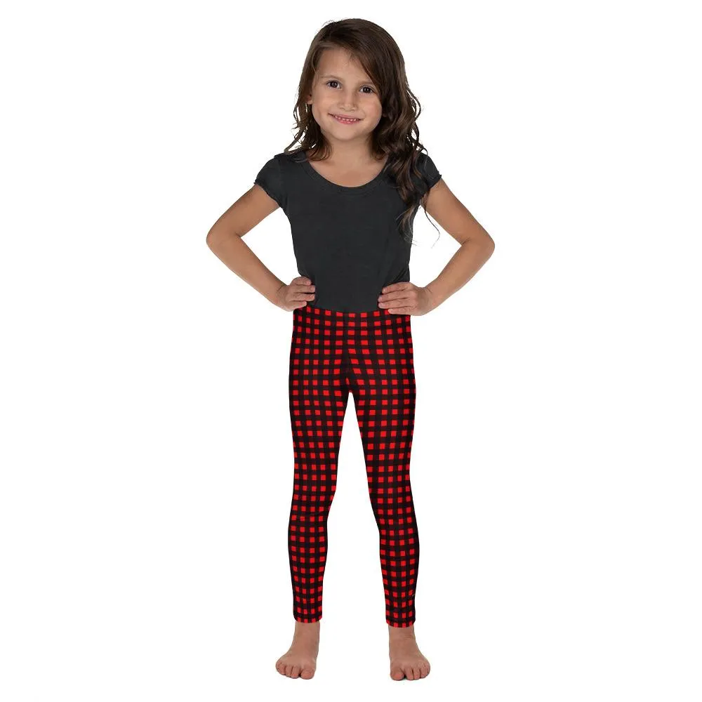Buffalo Red Girl's Tights, Plaid Print Premium Kid's Leggings Comfy Workout Pants- Made in USA/ EU