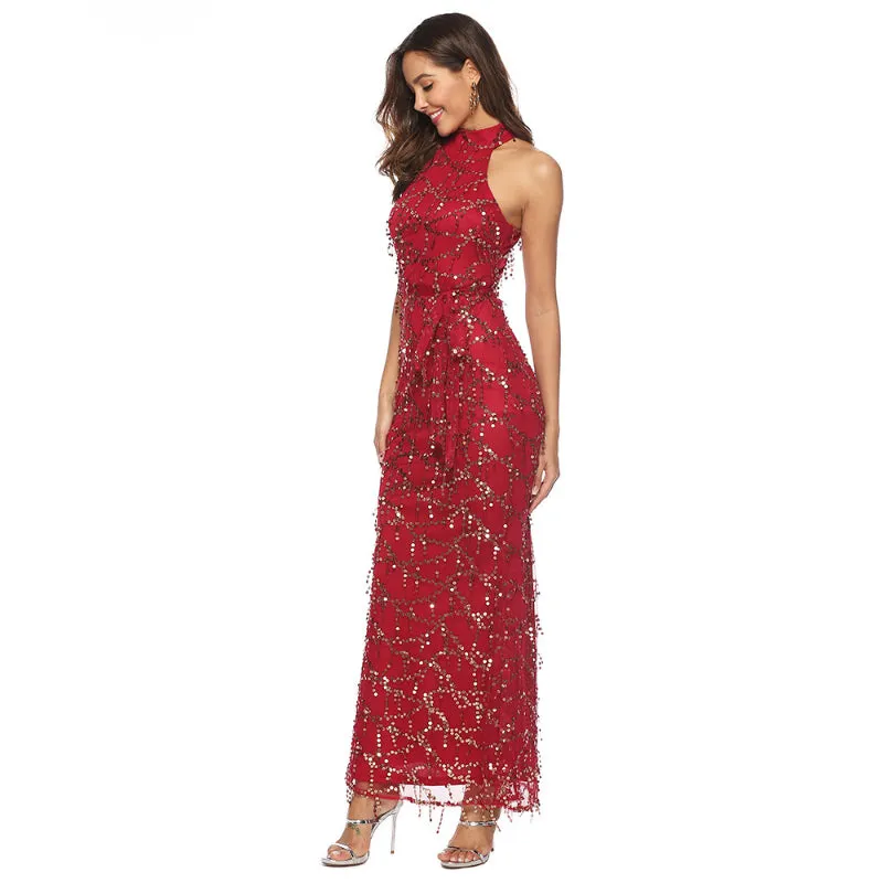 Burgundy Sleeveless High Neck Fringe Sequin Dress