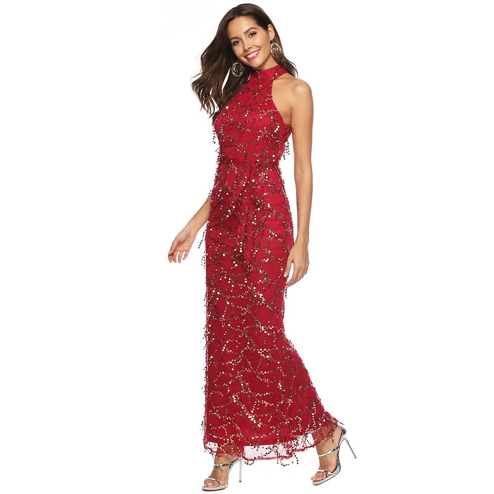 Burgundy Sleeveless High Neck Fringe Sequin Dress