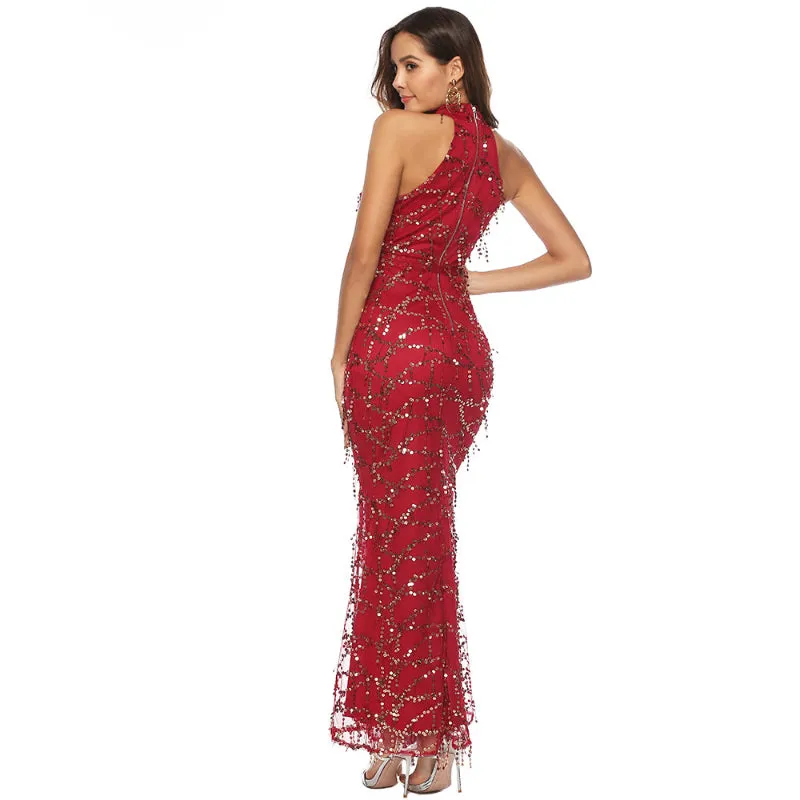 Burgundy Sleeveless High Neck Fringe Sequin Dress