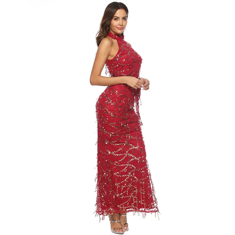 Burgundy Sleeveless High Neck Fringe Sequin Dress