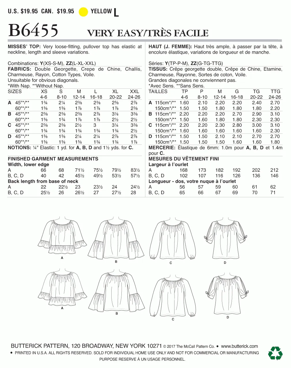 Butterick Pattern B6455 Misses' Gathered, Raglan Sleeve Tops
