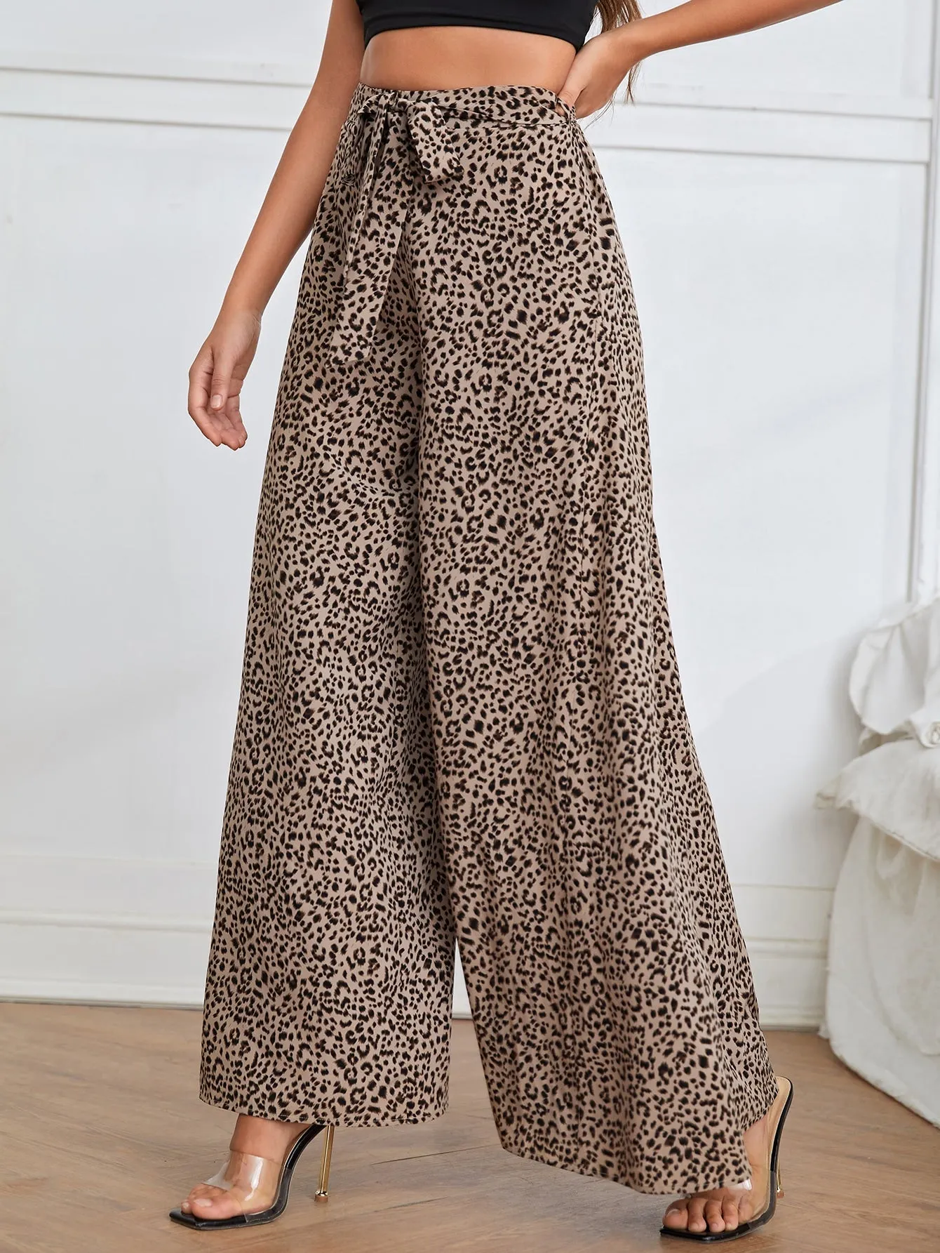 Casual Leopard Belted High Waist Long Women Pants