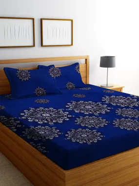 CRAFTS HUB Cotton Feel Glace Cotton All Around Elastic Fitted Printed King Size Double Bed Bedsheet With 2 Pillow Covers(72X78X8 Inch) Fits Upto Mattress Of 8 Inches | Blue (827Fitted-Blue), 180 TC