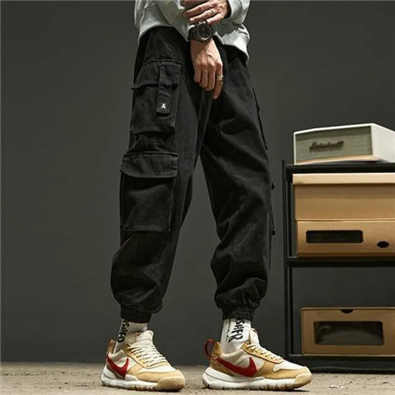 Fashion Solid Color Printing Letter Waist Drawcord Multiple Pockets Cargo Pants Man Classic Foot-binding All-match Trousers