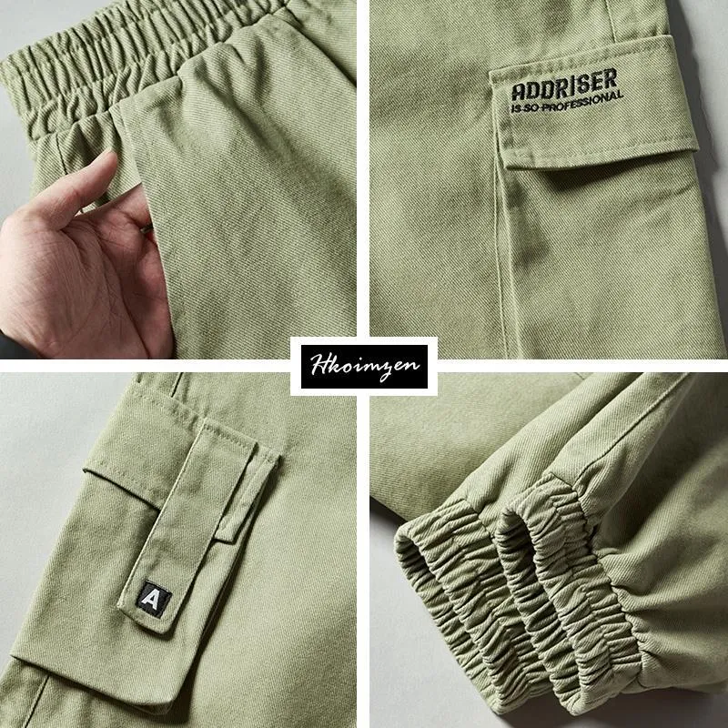 Fashion Solid Color Printing Letter Waist Drawcord Multiple Pockets Cargo Pants Man Classic Foot-binding All-match Trousers