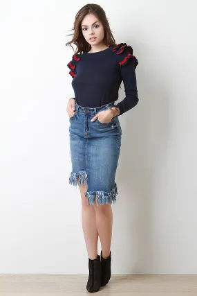 Frayed Asymmetrical Denim Pencil Skirt