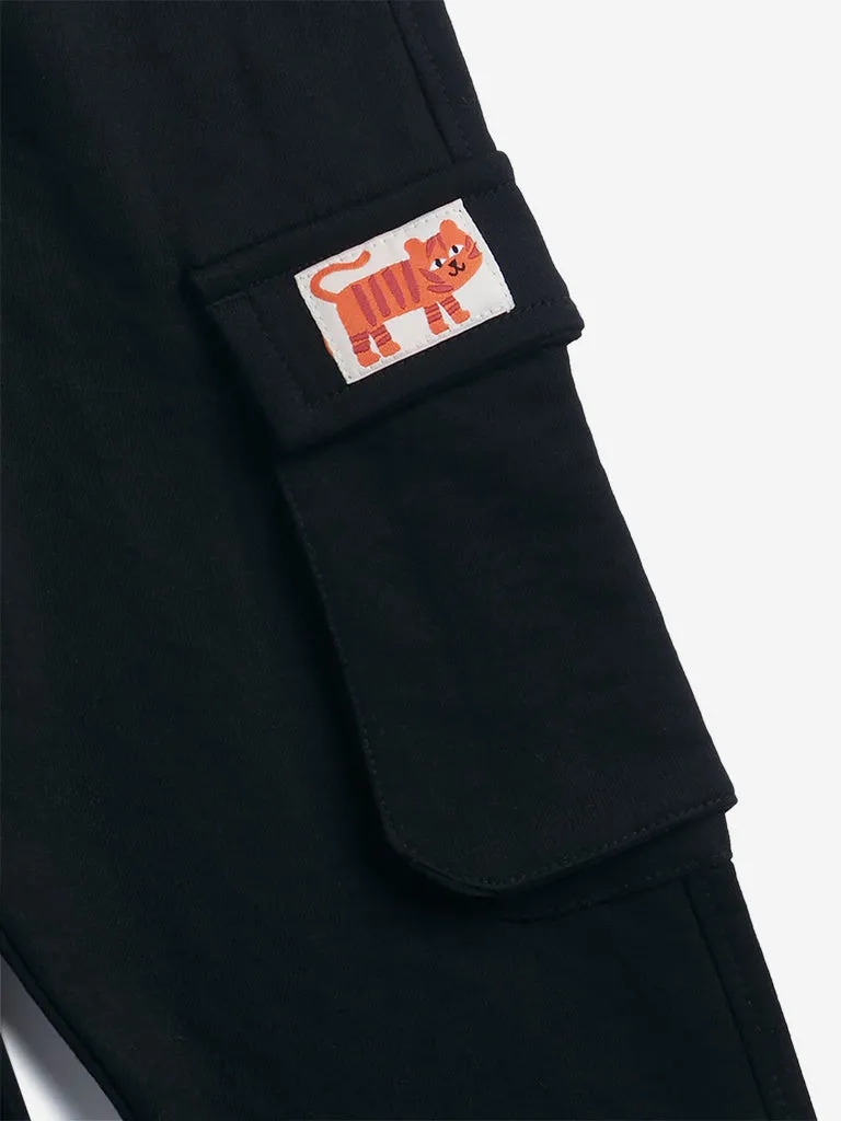 HOP Kids Black Solid Cargo-Style Mid-Rise Joggers