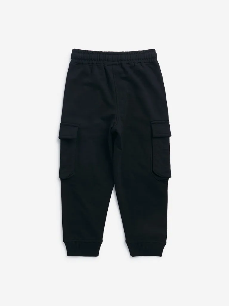HOP Kids Black Solid Cargo-Style Mid-Rise Joggers