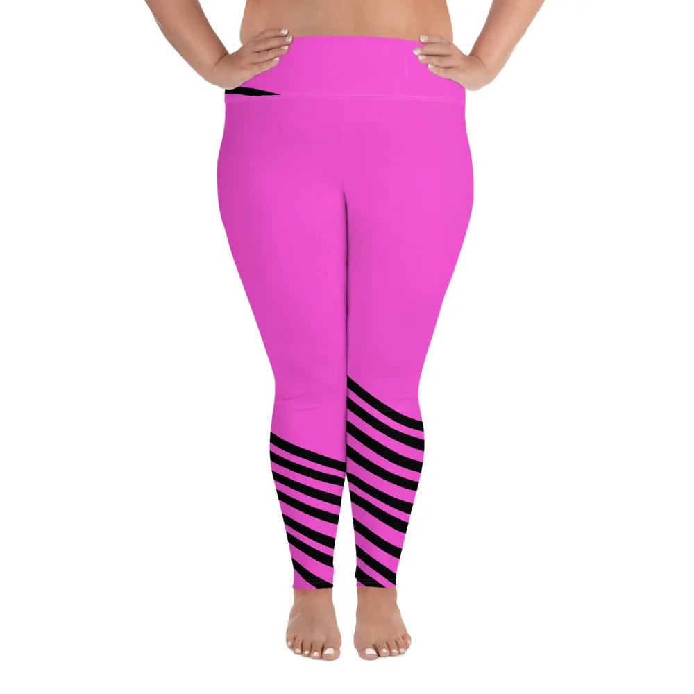Hot Pink Striped Long Tights, Best Designer Black Diagonal Stripe Women's Fitness Yoga Leggings