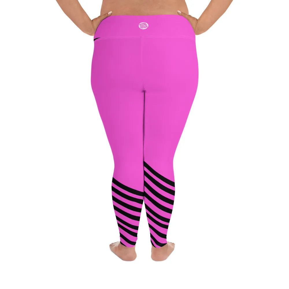 Hot Pink Striped Long Tights, Best Designer Black Diagonal Stripe Women's Fitness Yoga Leggings