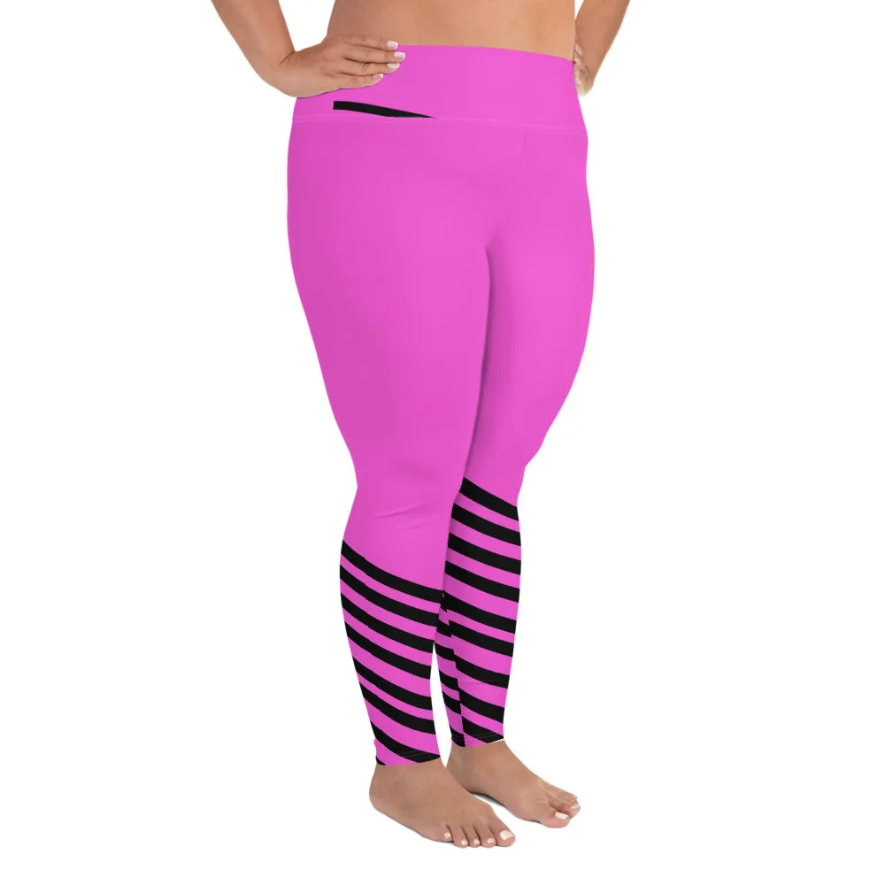 Hot Pink Striped Long Tights, Best Designer Black Diagonal Stripe Women's Fitness Yoga Leggings