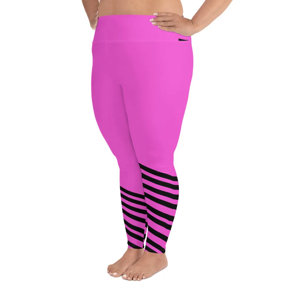 Hot Pink Striped Long Tights, Best Designer Black Diagonal Stripe Women's Fitness Yoga Leggings