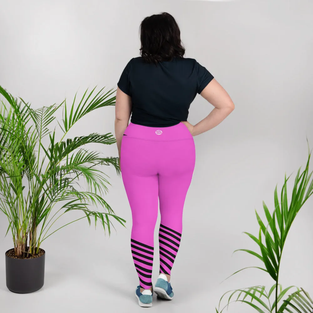 Hot Pink Striped Long Tights, Best Designer Black Diagonal Stripe Women's Fitness Yoga Leggings