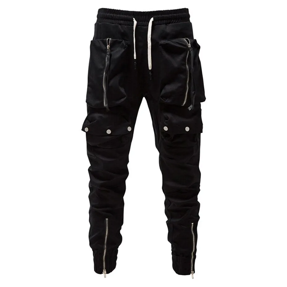Ilooove Fashion Punk Pants Zipper Pockets Cargo Pants Joggers Men Black Streetwear Hip Hop Trousers