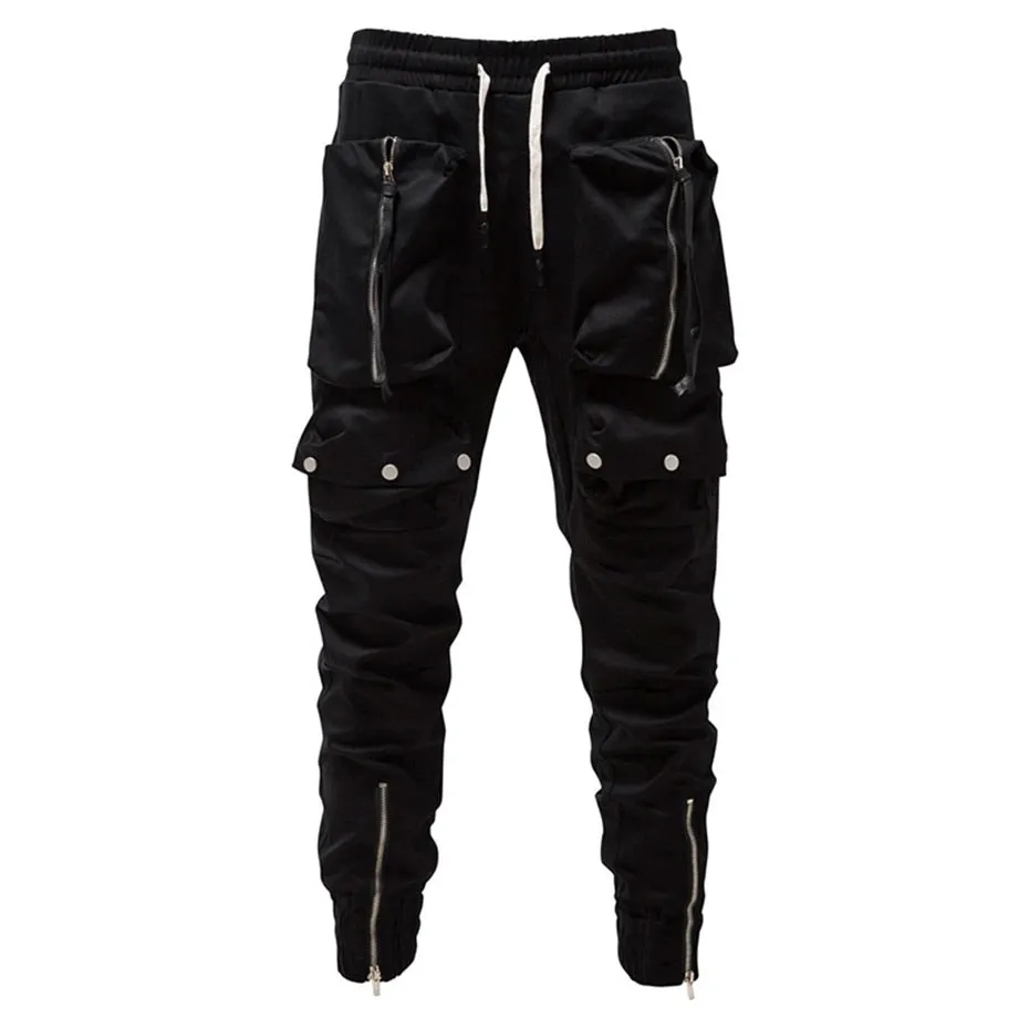 Ilooove Fashion Punk Pants Zipper Pockets Cargo Pants Joggers Men Black Streetwear Hip Hop Trousers