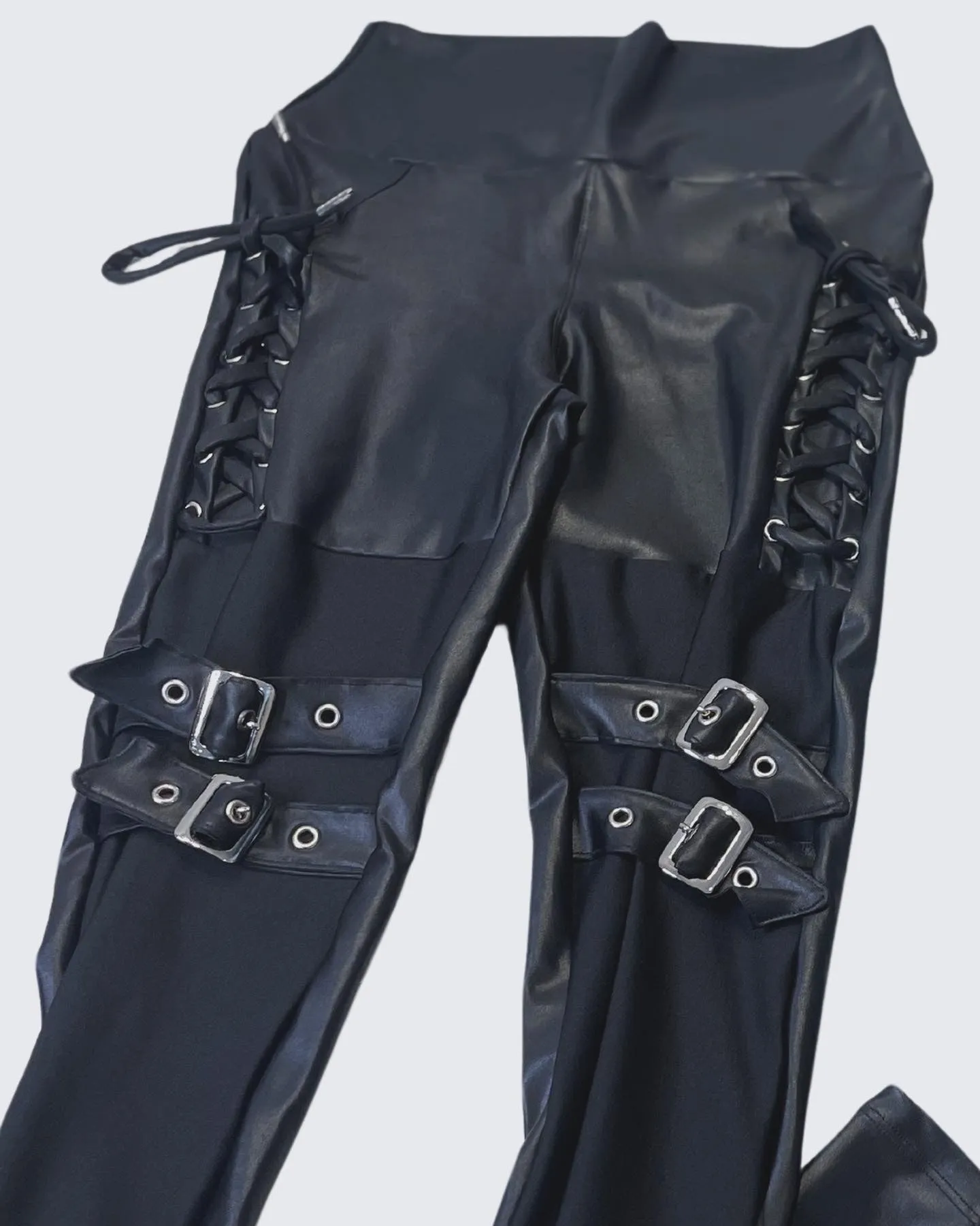 Leather Look Lace Up & Side Belts Legging