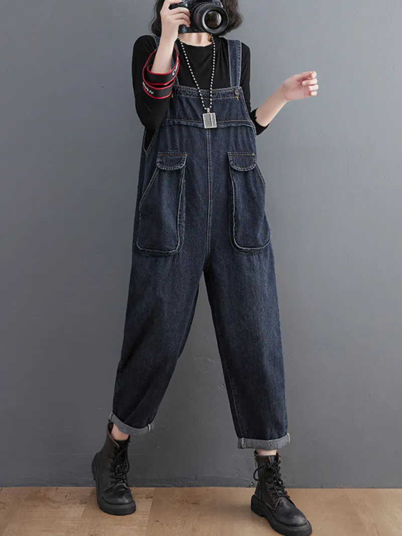 Literary Retro Large Size Loose Black Denim Overalls