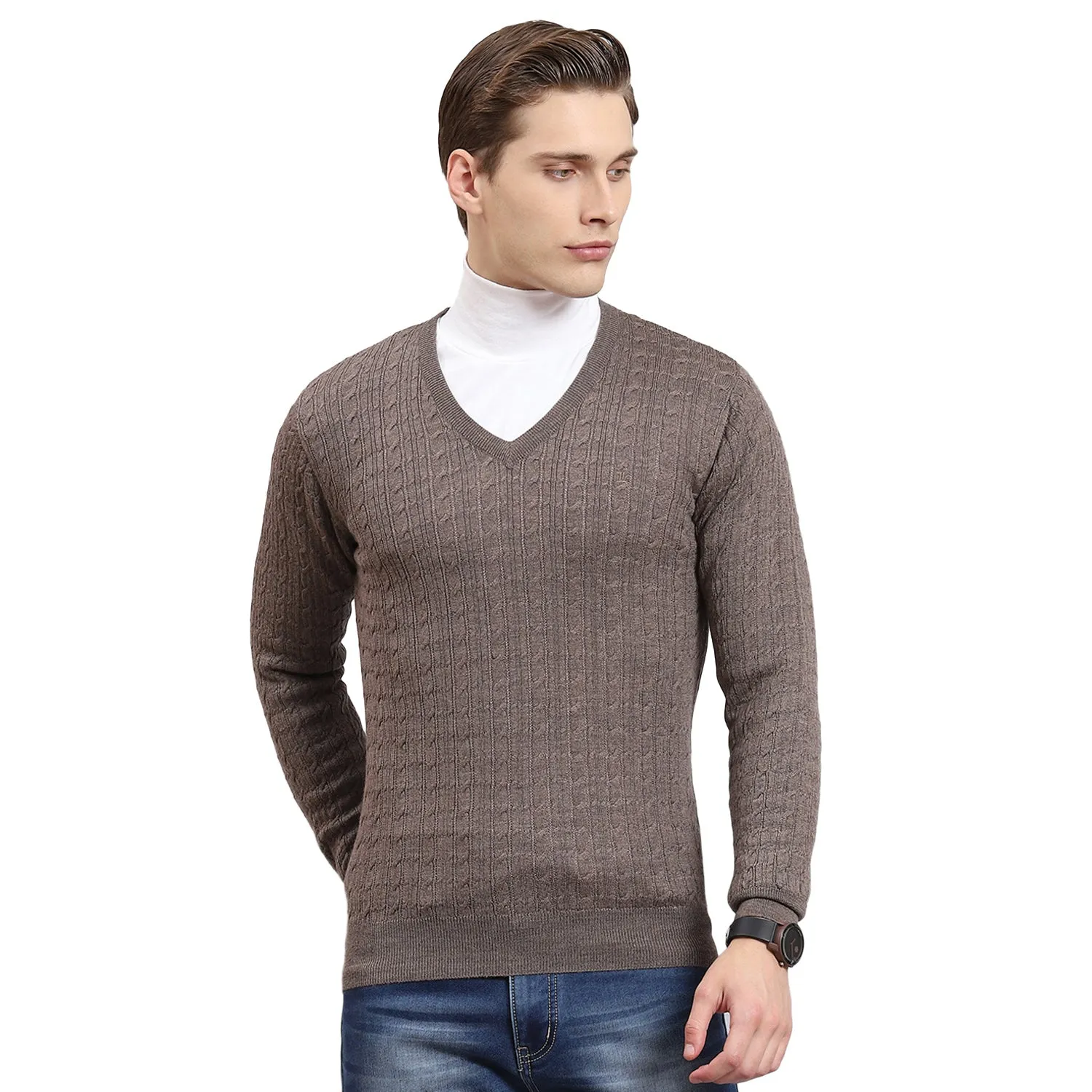 Men Brown Self Design V Neck Full Sleeve Sweater