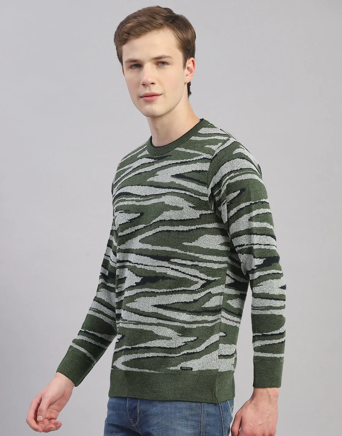 Men Green Printed Round Neck Full Sleeve Pullover