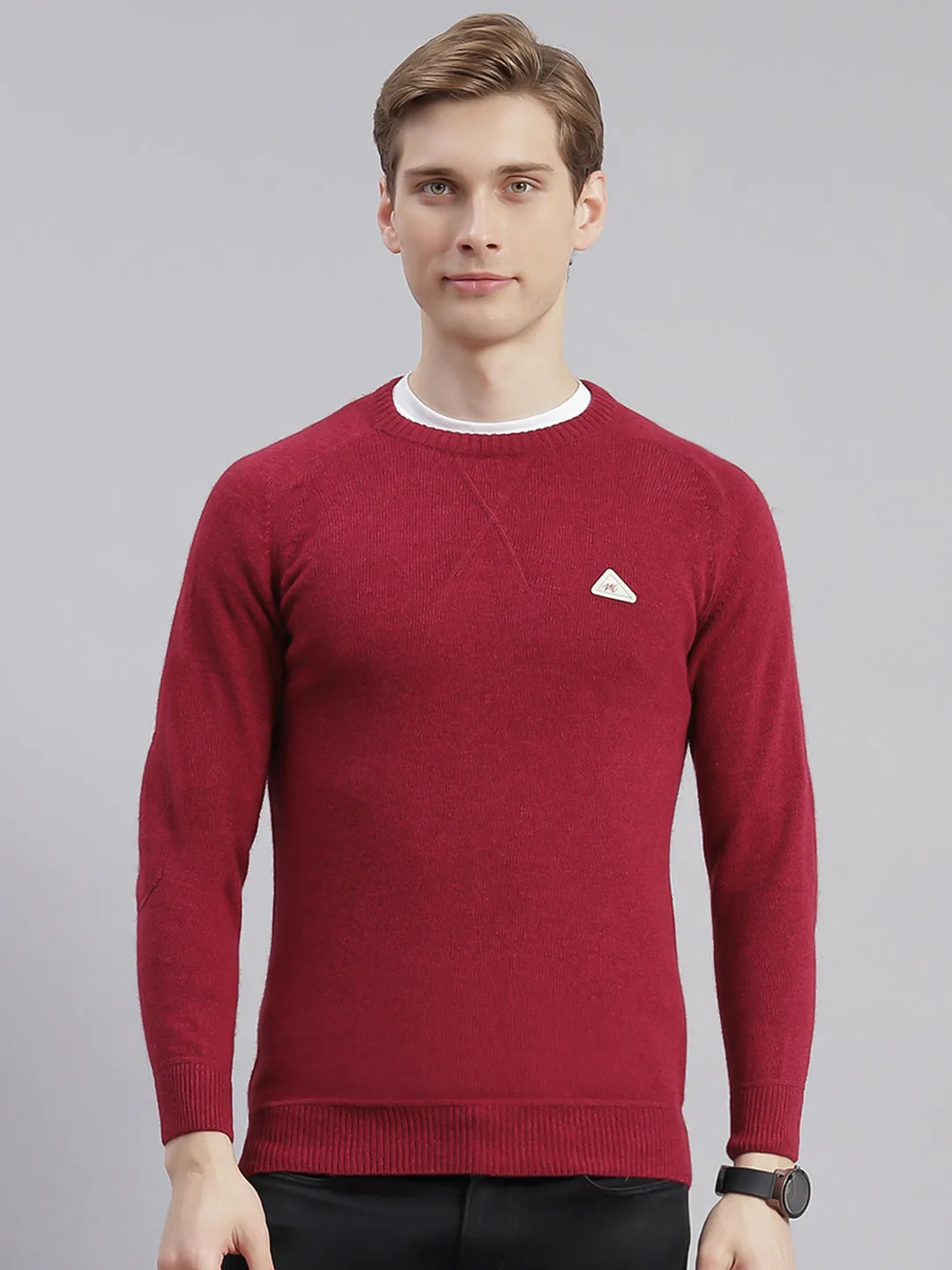 Men Maroon Solid Round Neck Full Sleeve Sweaters/Pullovers