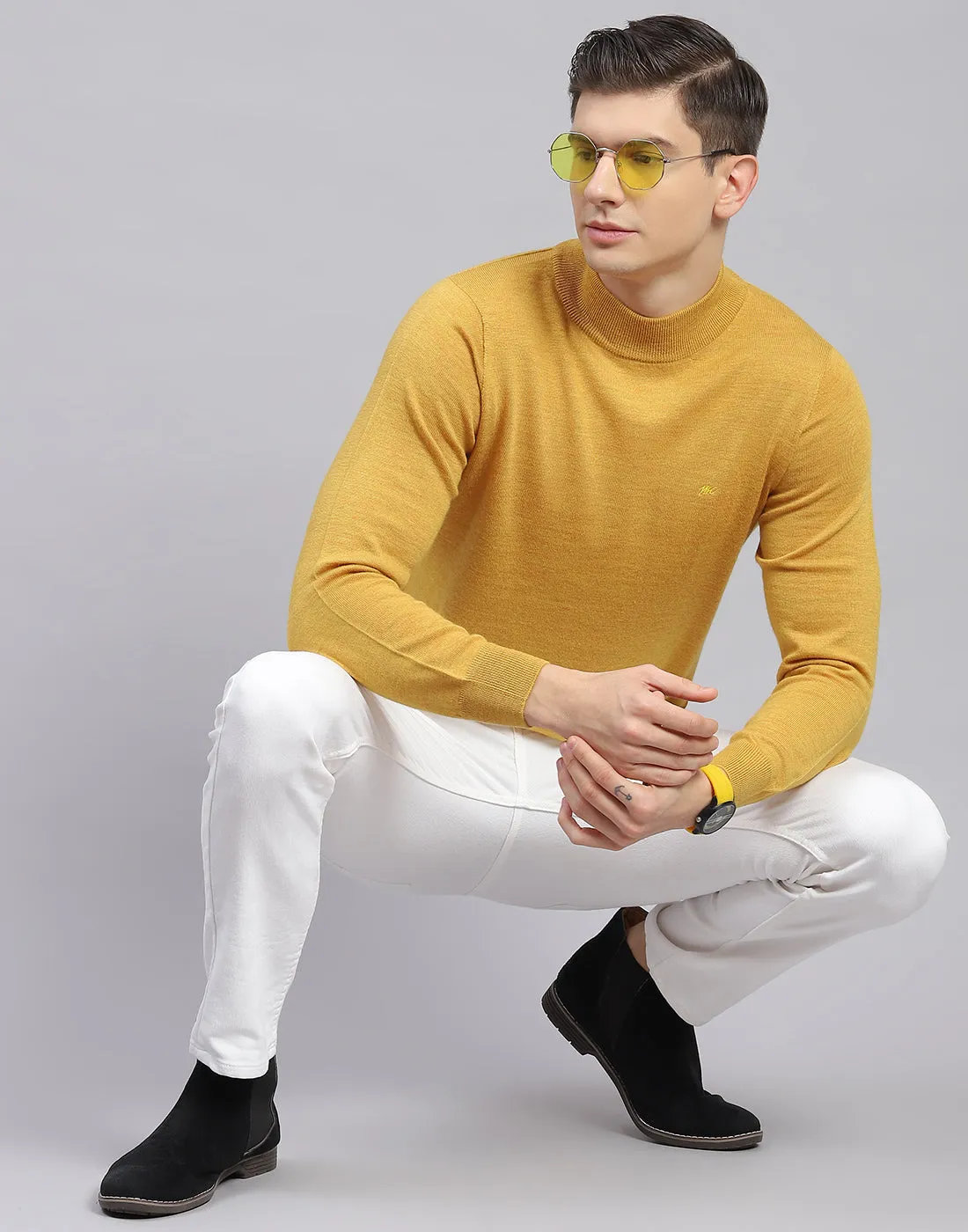 Men Mustard Solid T Neck Full Sleeve Sweater