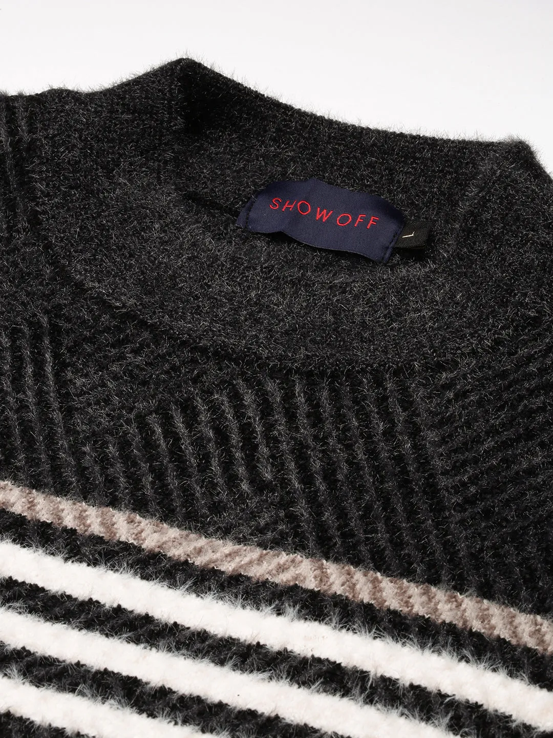 Men Round Neck Striped Black Pullover