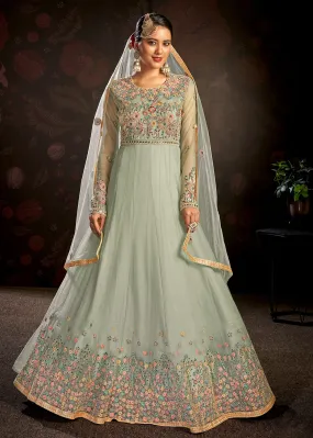 Mint Green Sparkly Net Embroidered Designer Anarkali Suit