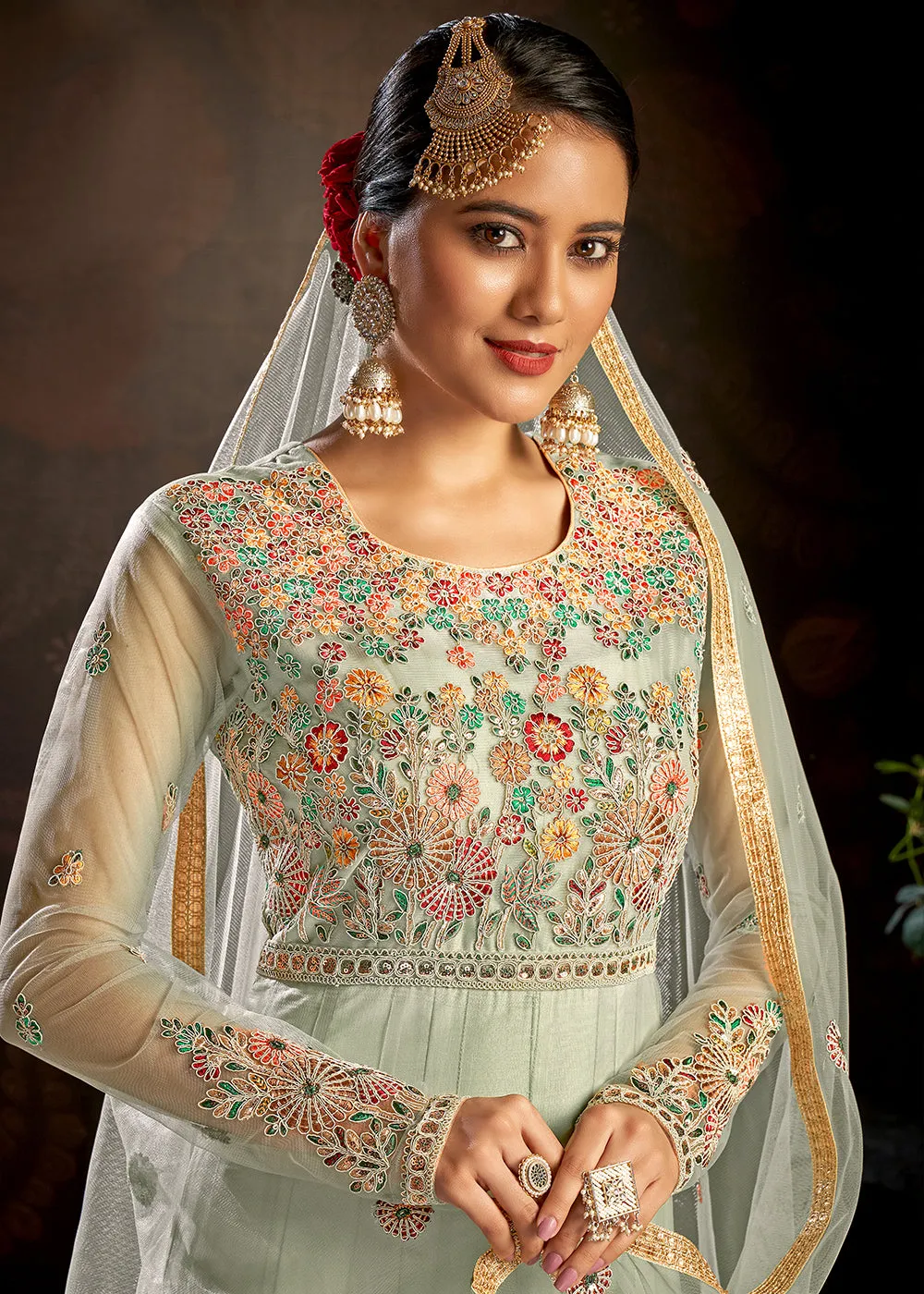 Mint Green Sparkly Net Embroidered Designer Anarkali Suit