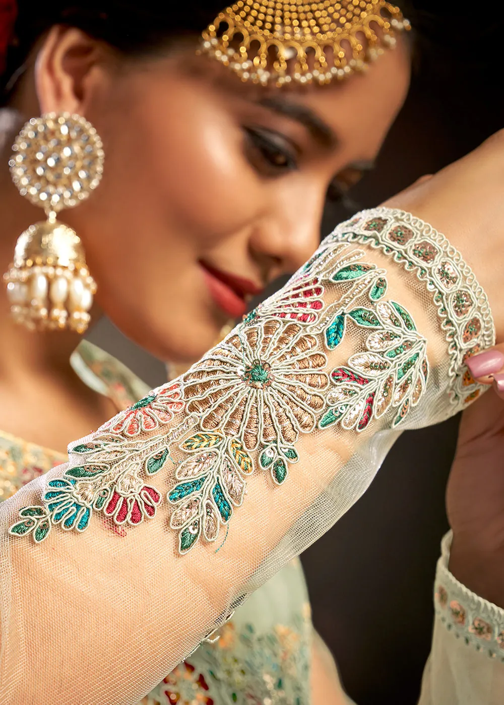 Mint Green Sparkly Net Embroidered Designer Anarkali Suit